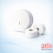 A professional mini jumbo toilet roll dispenser shown with a case of 12 rolls of 2 ply tissue Ireland