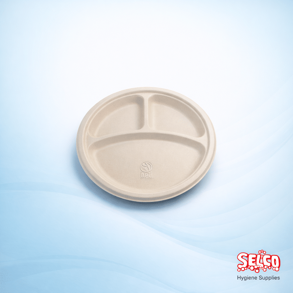 Compostable Plate 10" Sugarcane 3 Compartment - 500 per case