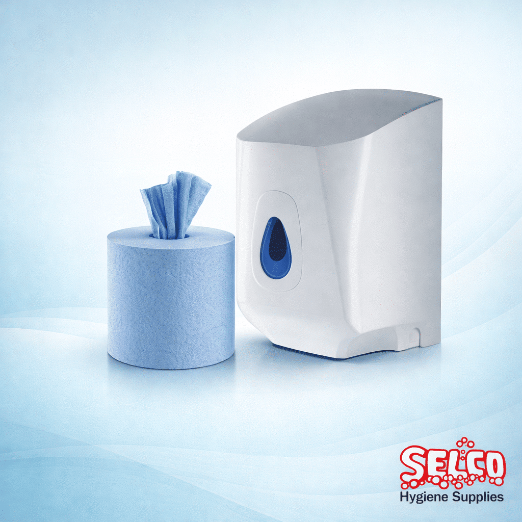 Blue Centrefeed Roll- With Dispenser 12 rolls - centre feed paper roll blue roll wipes