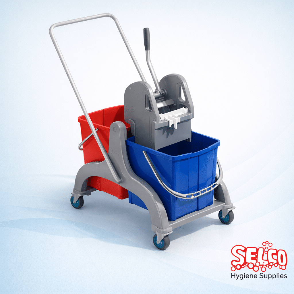 Two Mop Buckets and Trolley Complete with Mop Handle - 20 lt